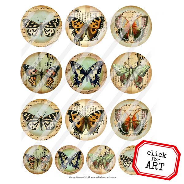 Butterfly Circles Vintage Elements Collage Sheet 393