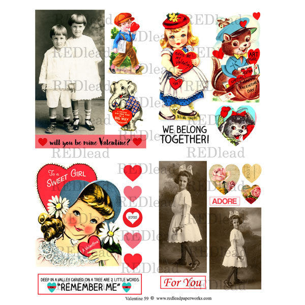 Vintage Valentine Cards, Printable Collage Sheet Valentines