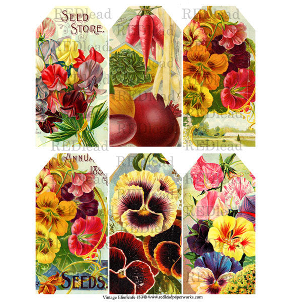 6 beautiful flower tags are on this collage sheet