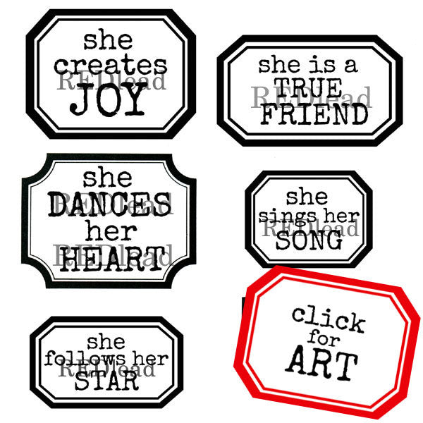She Creates Joy Labels Rubber Stamp