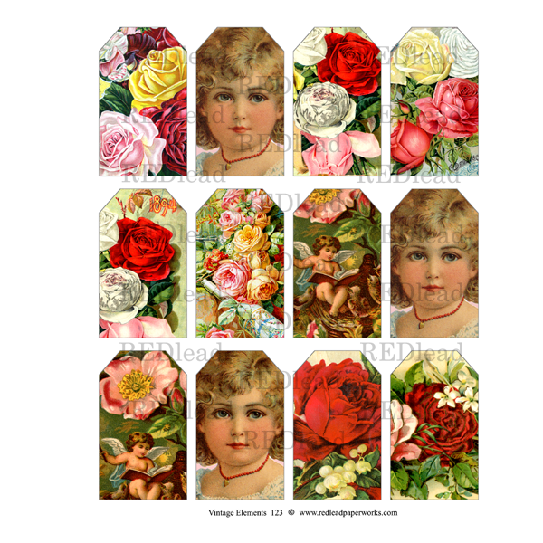 Vintage Elements 123 Collage Sheet Small Rose Tags