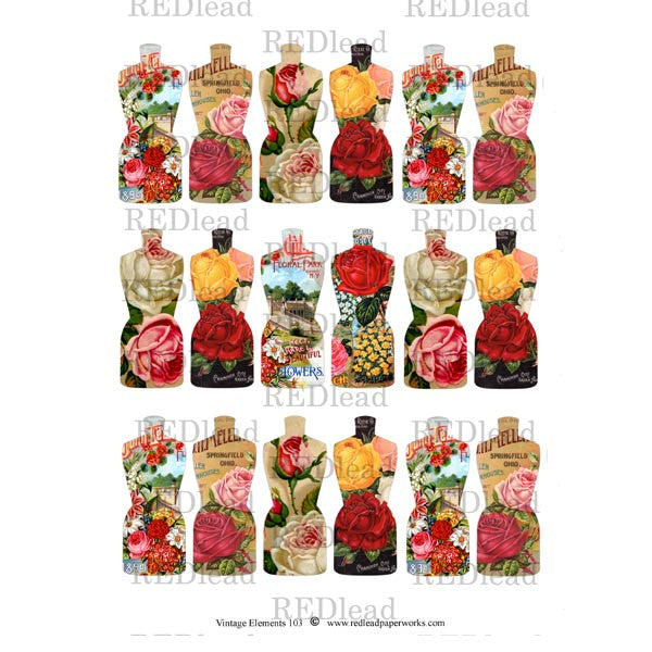 Collage Sheet Vintage Elements 103 Small Flower Dress Forms