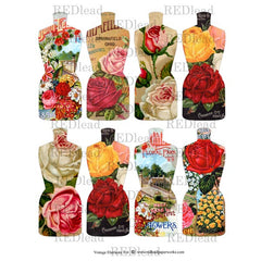 Collage Sheet Vintage Elements 104 Flower Dress Forms
